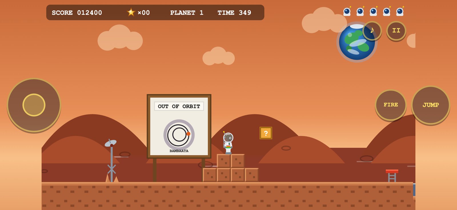 Out of Orbit gameplay: Bambaata as an astronaut on Planet 1